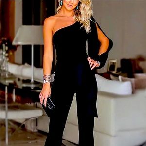 Womens long black jumpsuit, one shoulder, long sleeve with sleeve opening